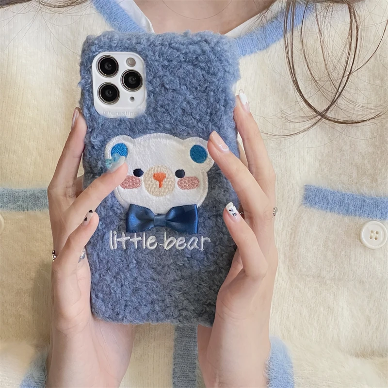 

Korea Cute Plush Bow Bear Phone Case For iPhone 12 11 Pro Max XR XS Max 7 8 plus SE 2 Cute Lovely Warm Furry Fuzzy Back Cover