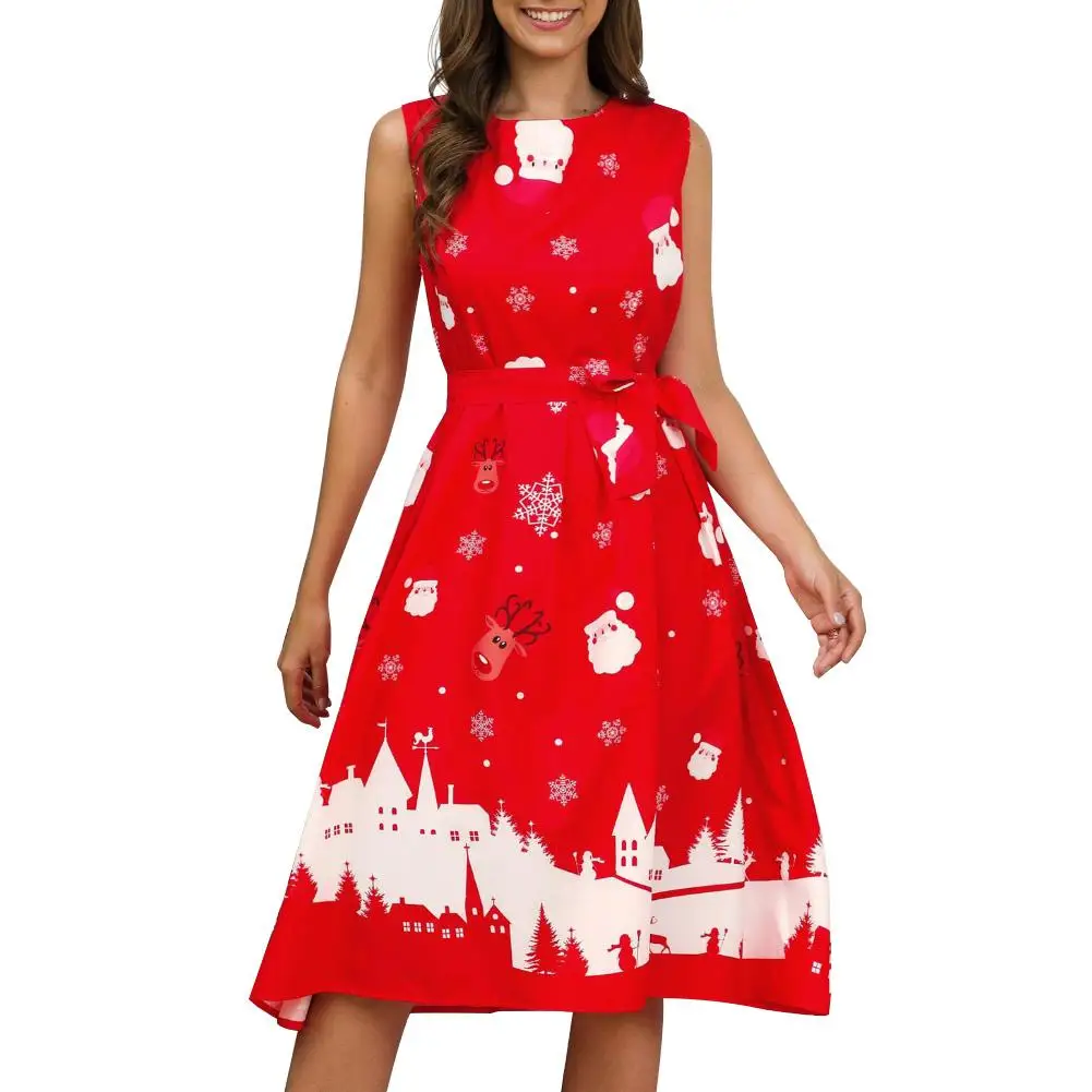 Рождественская Леди Снежинка Санта Клаус печати О образным вырезом без рукавов