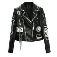 nail bead graffiti print chain motorcycle leather coat coat women fashion slim short jacket with all hip hop punk jacket