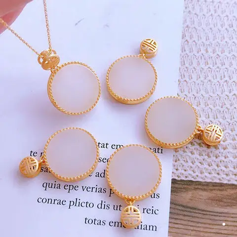 

Natural Hetian White Jade 2021 hot new style round Pendant with Color Retention Gilding Craft Vintage Silver Jewelry Small and