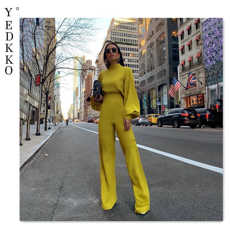 

Fashion sexy spring and summer ladies suit wide leg pants high neck open back long sleeve Bodycon one-piece trousers suit