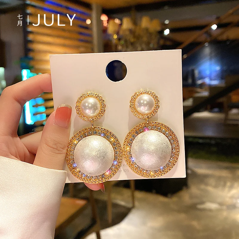 

Korean Graceful Female Jewelry Temperament Simple Rhinestones Imitation Pearl Round Dangle Earrings for Women Girl Accessories