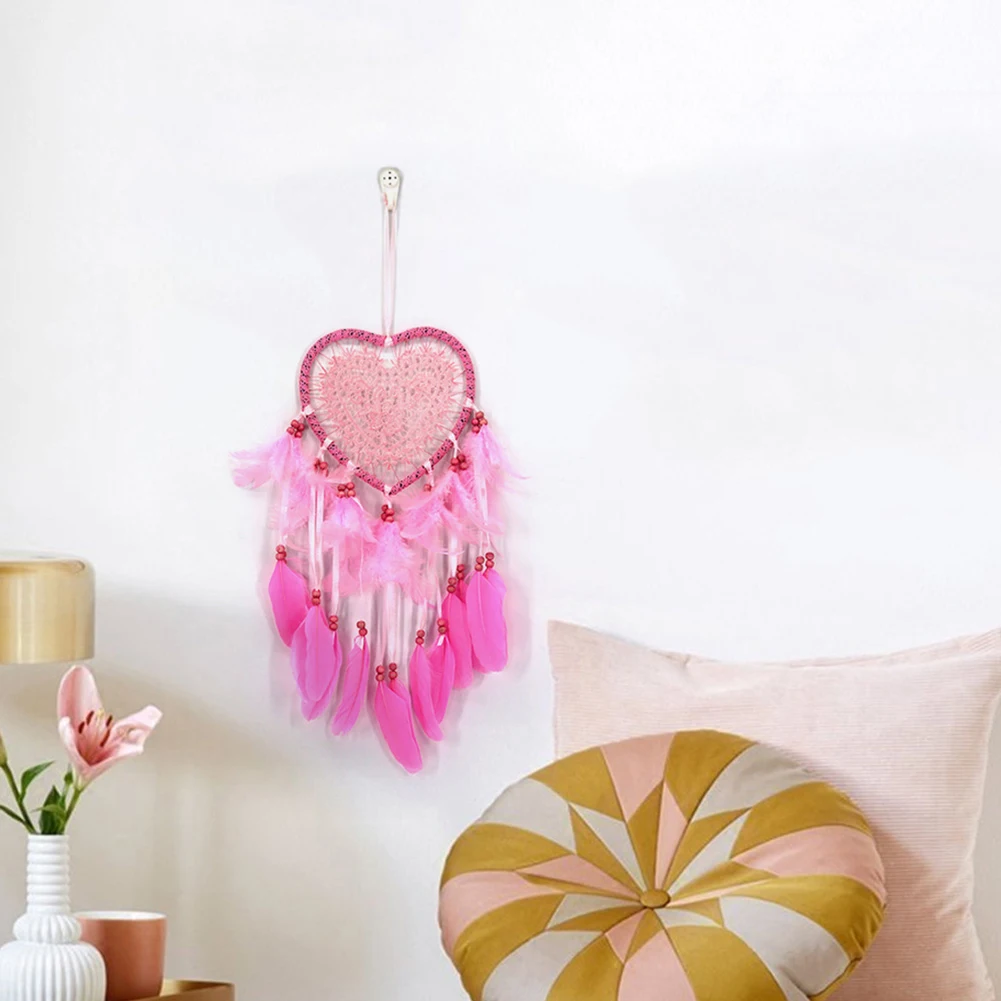 Dreamcatcher Heart Shape Handmade Feather Pendant LED String Light Dream Catcher Braided Wind Chimes Hanging Car Home Decoration | Дом и сад