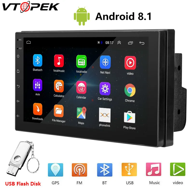 Vtopek Универсальный Android 8 1 2 DIN 7 дюймов HD 4 ядра автомобильный Радио мультимедийный