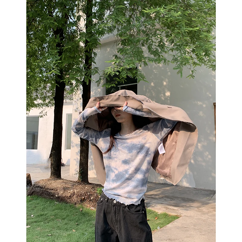 Женская футболка Yedinas Сетчатая с длинным рукавом круглым вырезом и складками в