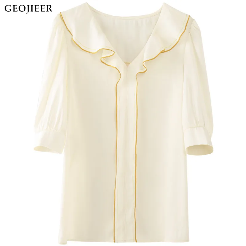 

2021 Summer New Korean Style Short-sleeved Ruffled Blouse Women Niche Design Sense Pure Color Temperament Chiffon Shirt Women