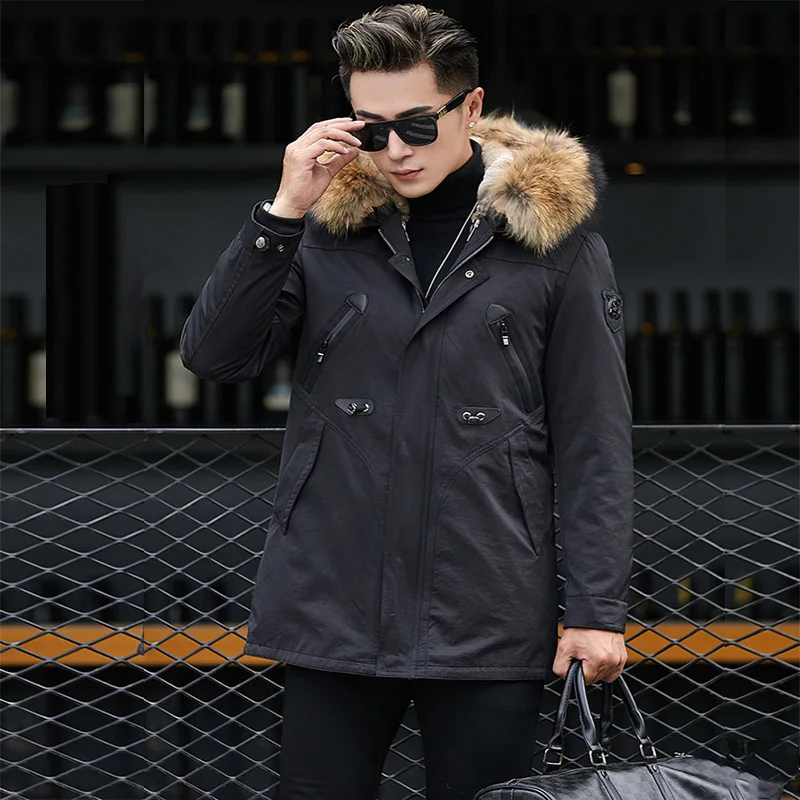 Новинка 2020 Мужская парка с капюшоном и воротником из натурального меха енота