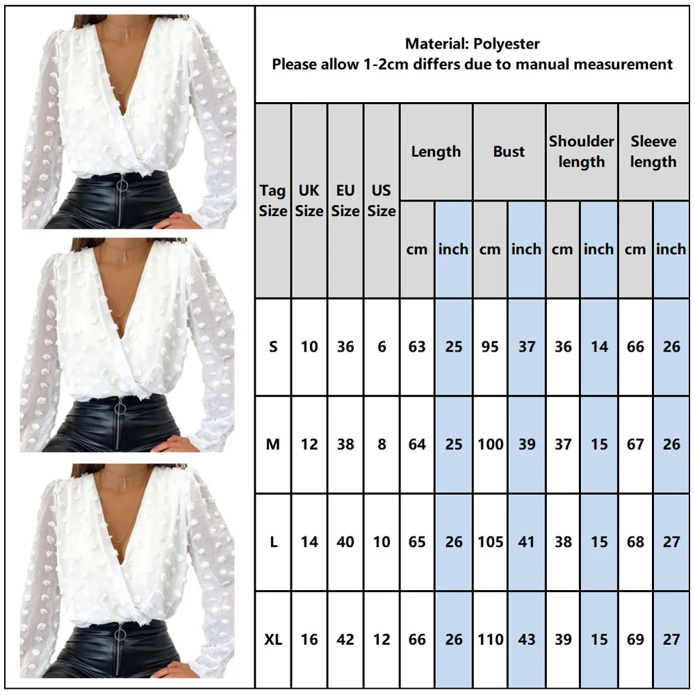 

Women Deep V Neck Top White Jacquard Fashion Shirt Female Long Sleeve Chic Shirt Sexy Polka Dot Solid Color Mesh Blouses D30