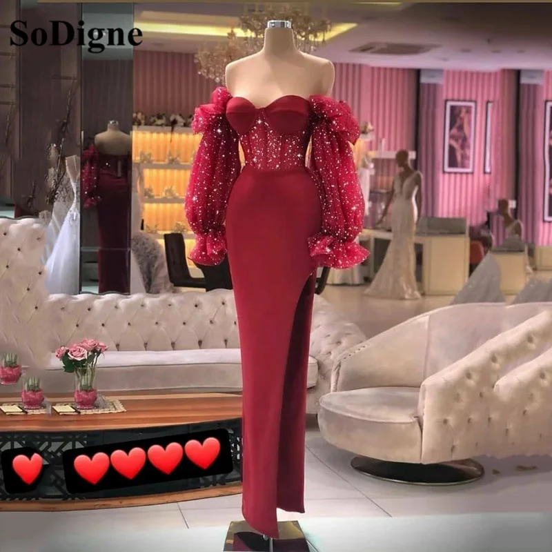 SoDigne Burgundy Mermaid Evening Dress Glitter Side Split Prom Dresses Off Shoulder Satin Evening Gowns Formal Party Dress (0)