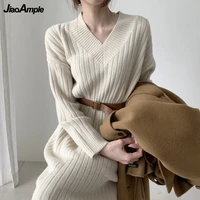 autumn winter french vintage knitted long dress women graceful warm casual loose sweater dresses lady v neck bottoming clothing