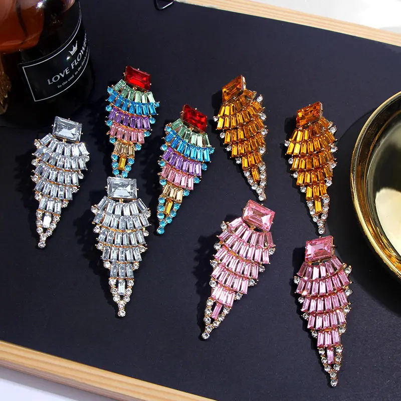 JJFOUCS Fashion Crystal Colorful Stud Earrings For Women Geometric Luxury Shiny Rhinestone Statement Wedding Jewelry | Украшения и