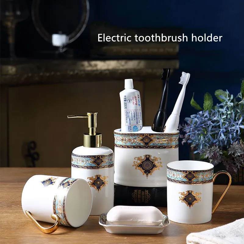 

Bathroom Sets Porcelain Bohemia 5-Piece Toothbrush Holder Lotion Dispenser Cups Soap Dish Toilet Accessories Set
