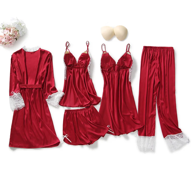 

2020 Women Pajamas Sets Satin Sleepwear 5 Pieces Pyjamas Sexy Lace Sleep Lounge Sleeveless Pijama Silk Nightwear Chest Pads