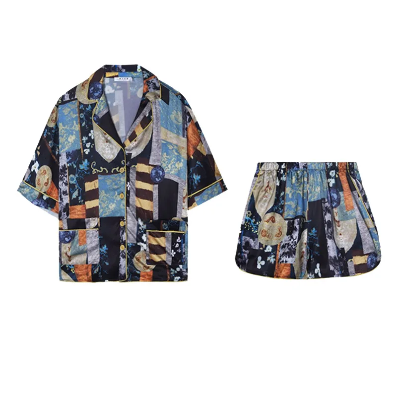 Silk Pajamas Women's Summer Thin Fashion Printed Silk Ladies Casual Home Wear Short-sleeved Shorts Loose Two-piece Suit Pajamas