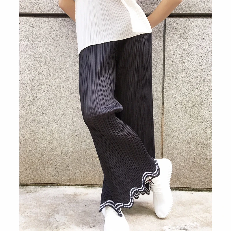 HOT SELLING  Miyake Fashion fine fold Narrow side straight leg pants long  pants wide leg pants IN STOCK