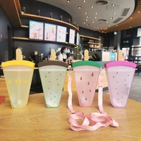 creative fruit pattern cup straw plastic cup with lid convenient straw cup with a strap childrens students outdoor water cups