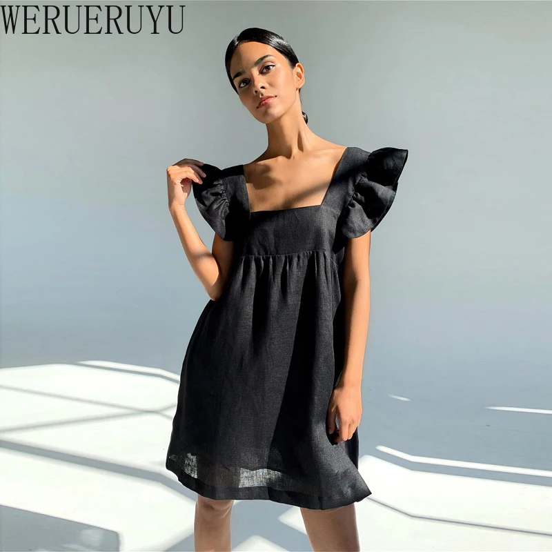 

2021 Casual New Square Collar Butterfly Short Sleeve Mini Sweet Dress Women Summer Backless High Waist Loose Linen Solid Dress