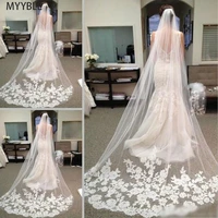 myyble long bridal veil with comb lace appliqued edge tulle bride veil one layer wedding accessories wholesale custom cheap