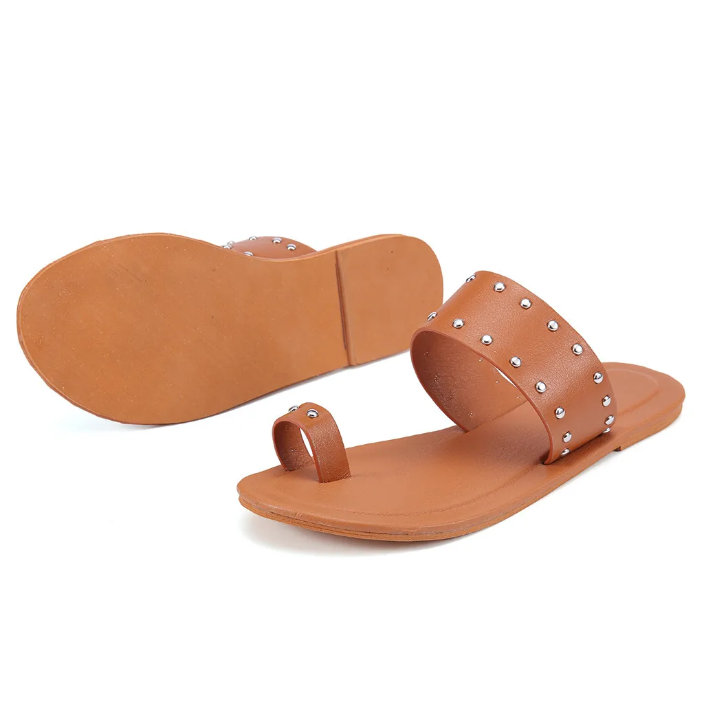 

Summer Fashion Women's Flat Solid Color Rivets Wild Sandals Toe Slippers Low Heel Round Toe Clip Toe Brown Plus size
