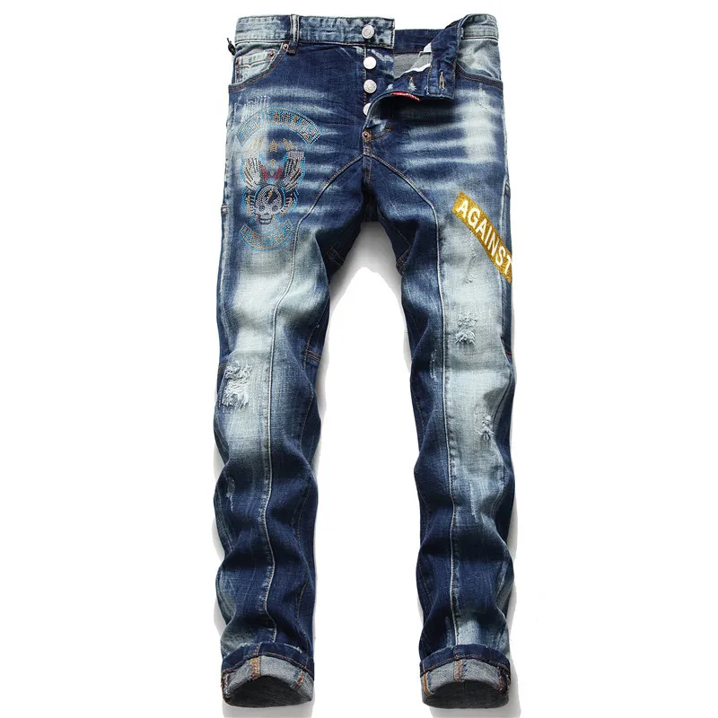 

Светильник кие роскошные мужские облегающие рваные джинсовые брюки, высококачественные синие джинсы с бриллиантовой вышивкой, пикантные п...