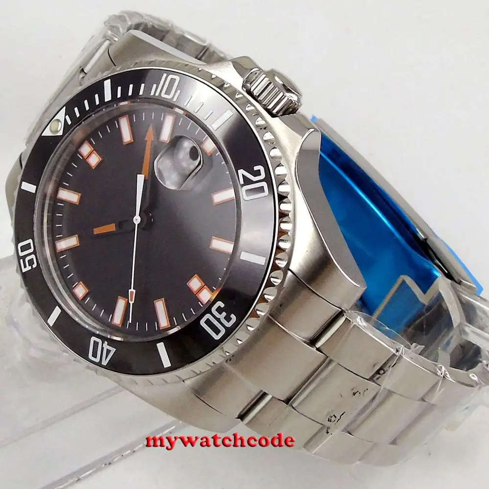 Мужские автоматические часы из нержавеющей стали 316L с черным зеркальным стеклом