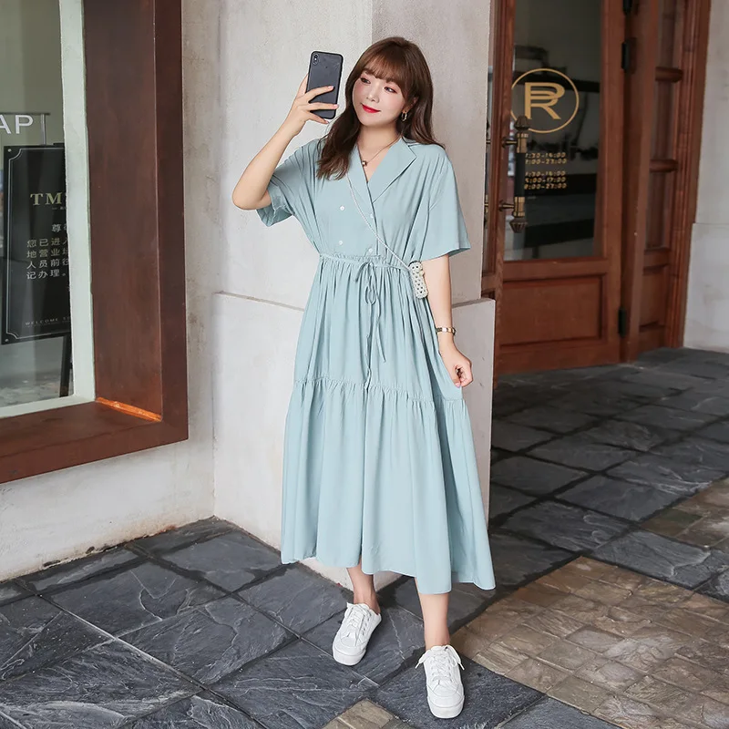 

Plus size women dress solid lapel double breasted summer high waist dress csual short sleeve office dresses robe femme