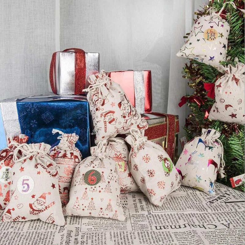 

Рождественские подарочные пакеты 24 шт., обратный отсчет, Подарочный пакет для конфет на шнурке для дня прибытия, цифровой Рождественский мешочек с оленями, пакет с карманами