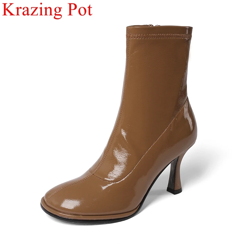 

Krazing Pot fashion elegant solid sewing high heels stretch boots warm winter shoes concise office lady zipper party ankle boots
