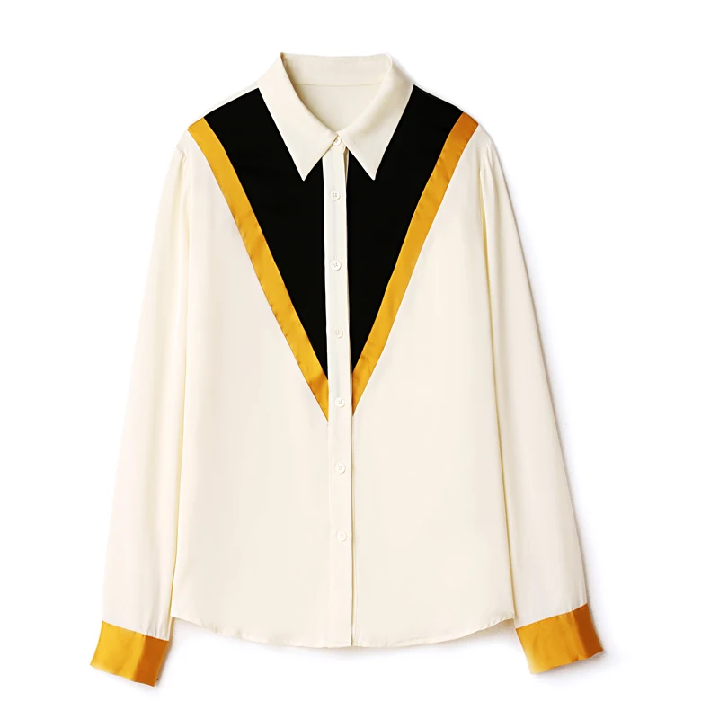 

100% Silk Women's Shirt Turn Down Collar Long Sleeves Color Block Striped Fashion Casual Blouse Tops