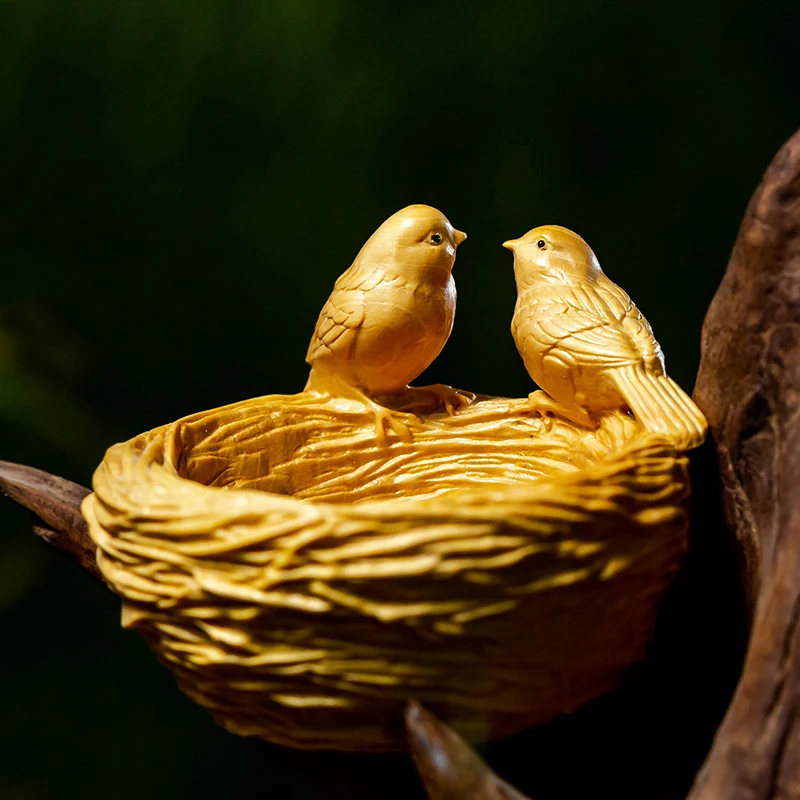 8 см Птичье гнездо с двумя птицами ручной работы резная деревянная статуя