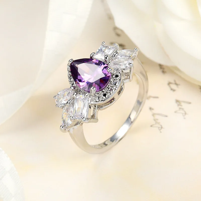 

European And American Fashion Jewelry Pear-shaped Purple Zircon Jewelry Ring Ladies Ring Fashion Wild Creative Ring