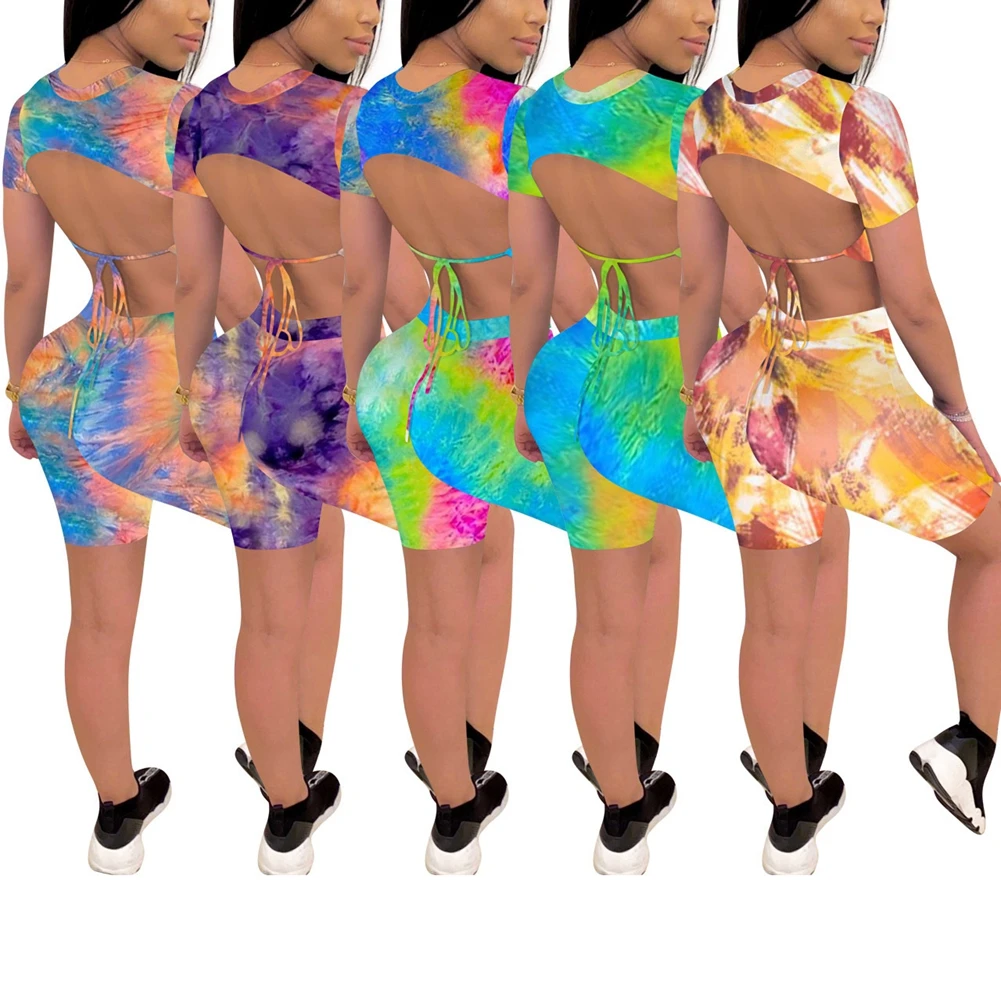 

Imcute Tie Dye Print Women Short Sleeve Backless T-shirt Crop Top High Waist Shorts Workout Tracksuit Summer Outfit 2pcs Set