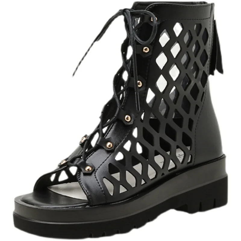 

Fashion hollow breathable sandals for women 2021 new hot style summer flat thick-soled lace up tide fish mouth sandals