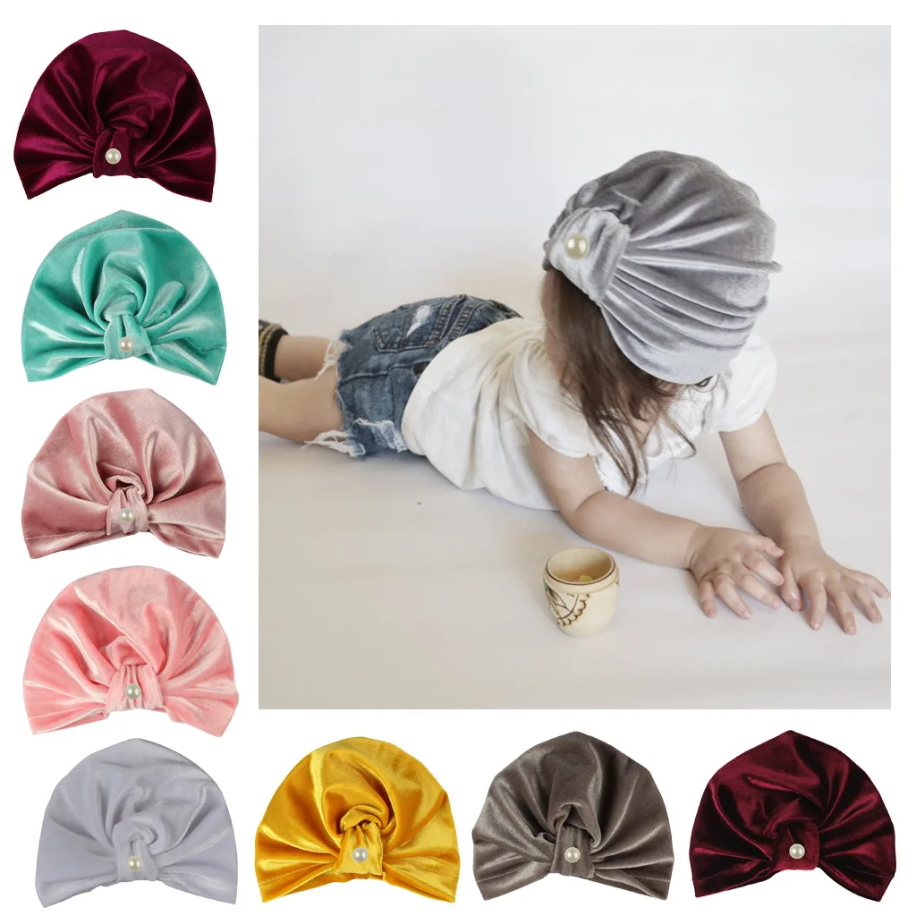 Новинка Осень-зима детская индийская шапка с золотым бархатным жемчугом и узлом