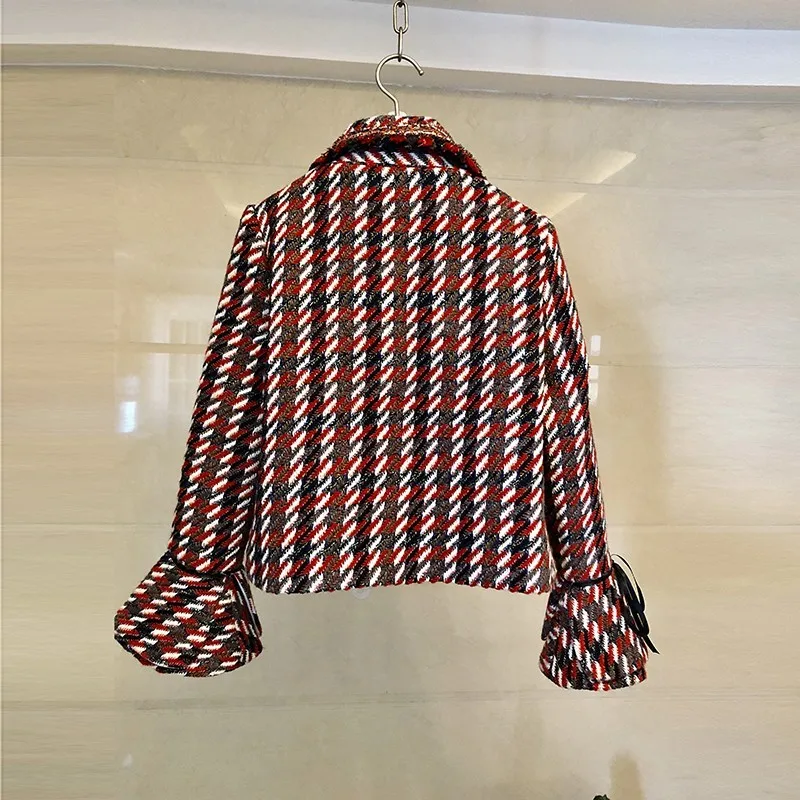 

Brand Runway Women Flare Sleeve Tweed Jacket Tassels Conjunto Femenino Twill Suit Belt Wool Mini Skirt Two Piece Set Outfits