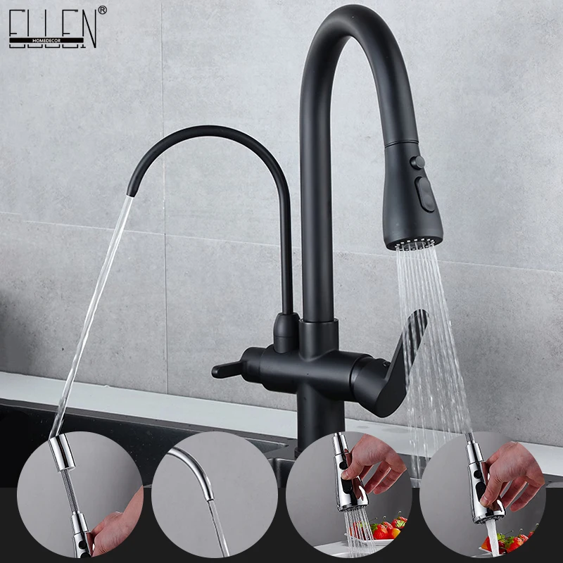 

Deck Mounted Black Kitchen Faucets Pull Out Hot Cold Water Filter Tap for Kitchen Three Ways Sink Mixer Kitchen Faucet ELK9139B