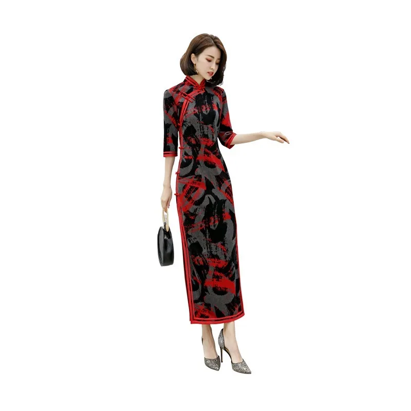 

autumn and wintermproved cheongsam mid-length cheongsam dress fashion simple improved cheongsam traditional cheongsam
