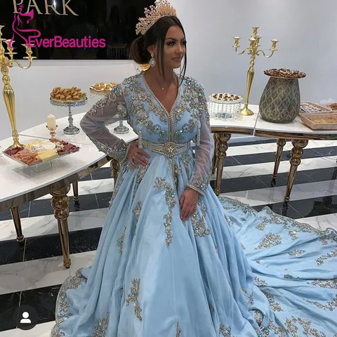 Синие марокканские вечерние платья с V-образным вырезом, платье с аппликацией для матери, арабские, мусульманские платья для особых случаев, вечерние платья Дубая