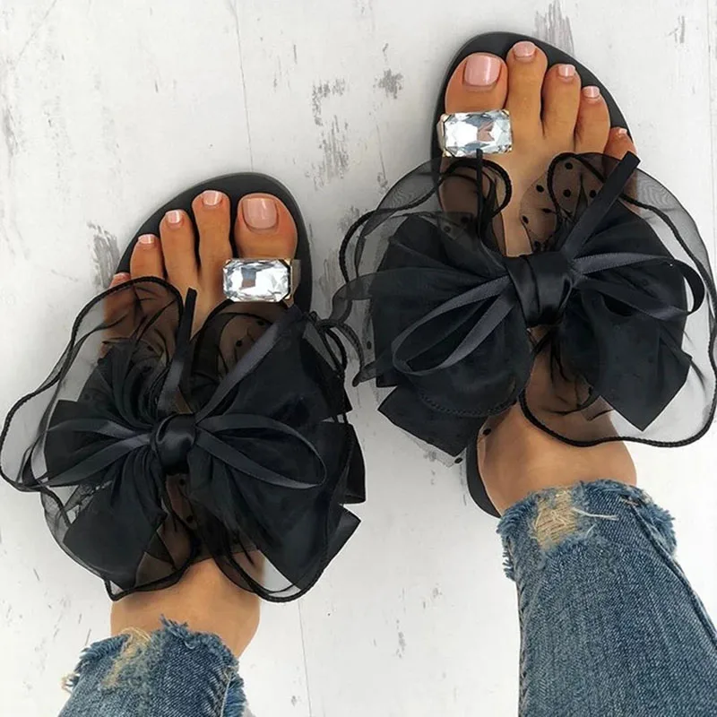 

2022 Summer Cute Bowtie Decorate Non-Slip Sandals Slipper Flats Mules Casual Fashion Female Beach Flip Flops Mesh Beach Slides
