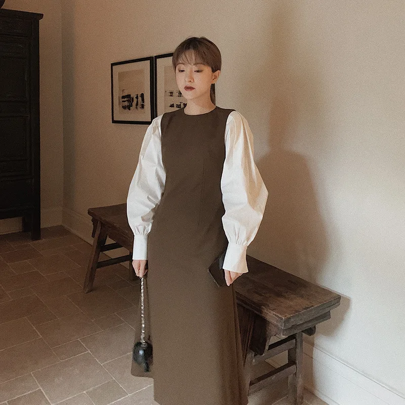 Женское винтажное платье в стиле пэтчворк два контрастных цвета с пышными