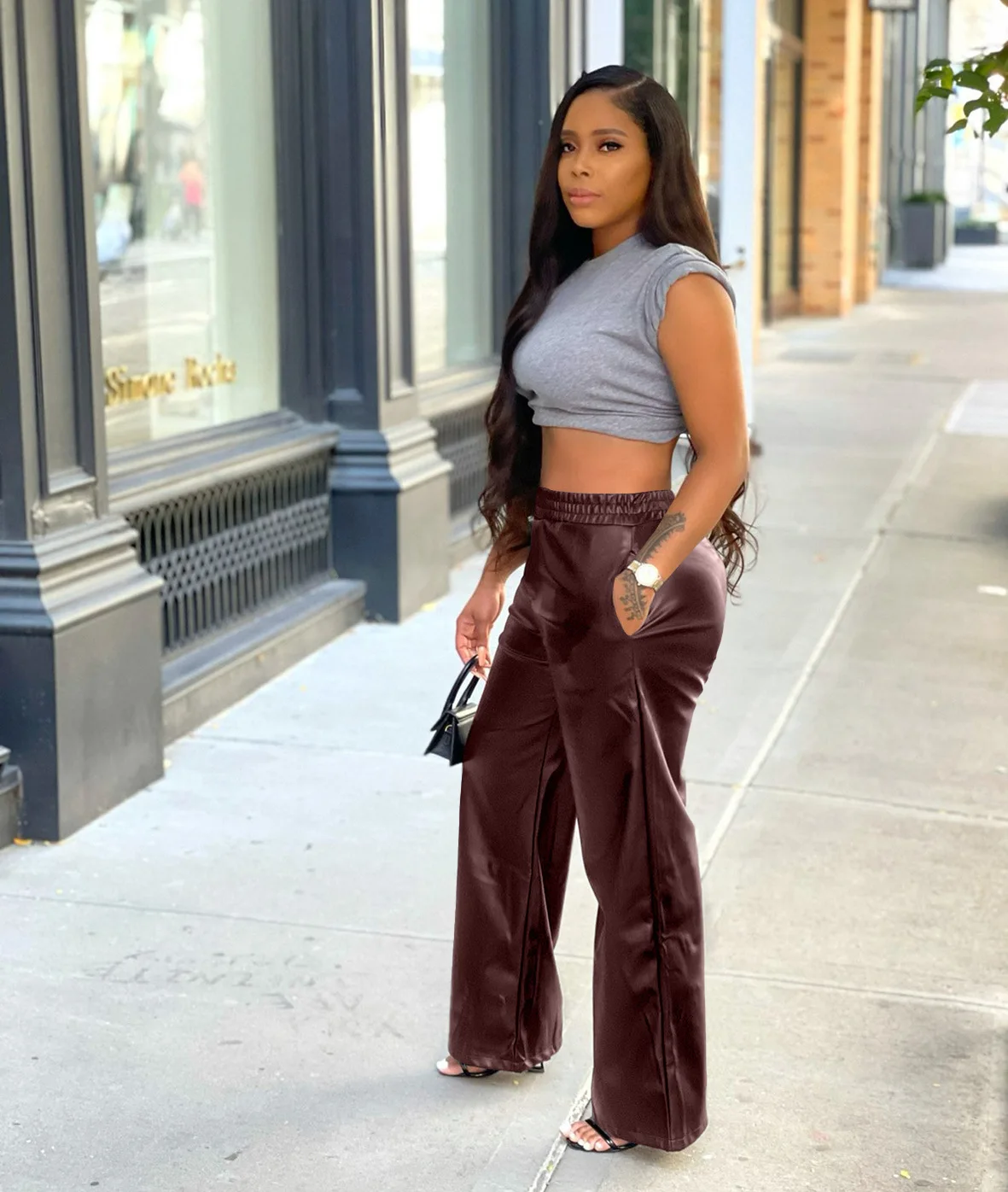 

Black Straight Faux Pu Leather Trousers for Women High Waist Zipper-Up Casual Female Autumn Brown Leather Wide Leg Pants