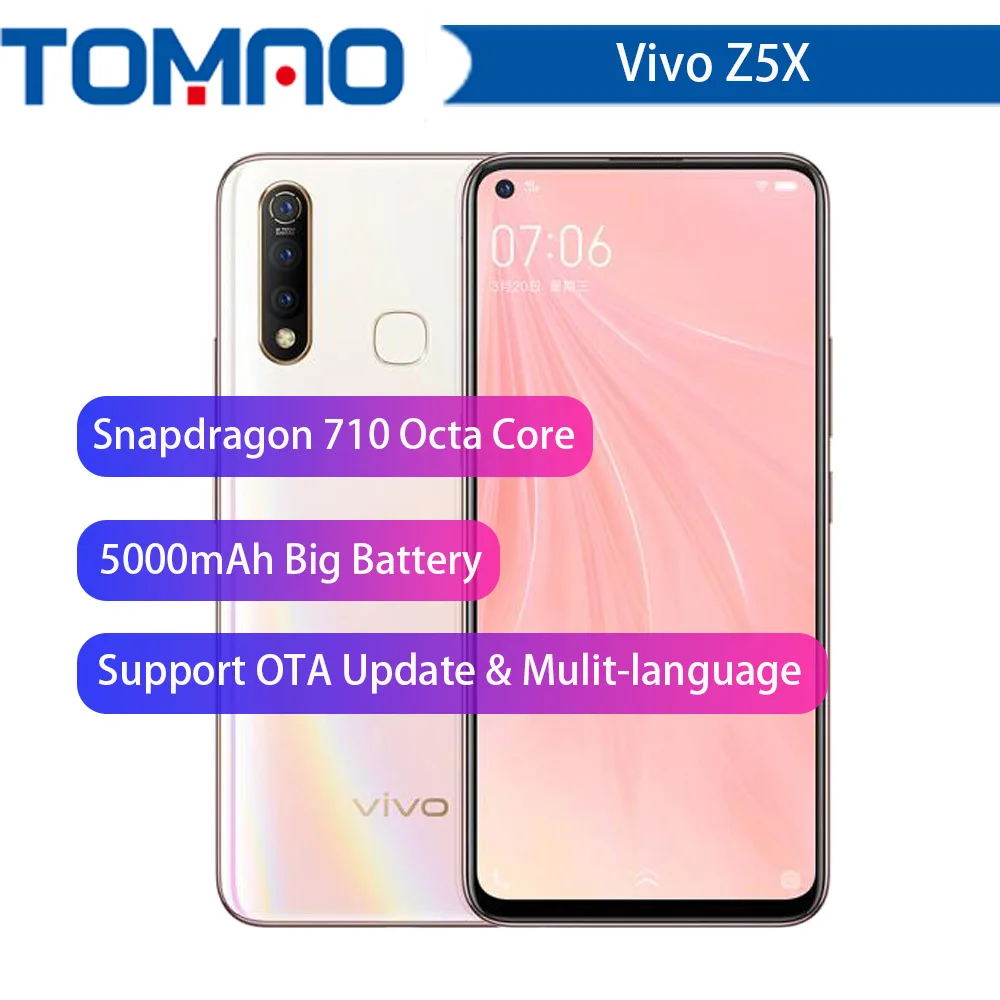 Мобильный телефон vivo Z5x, 6 ГБ, 64 ГБ, четыре ядра, 6,53 дюймов, Snapdragon 710, 16 МП, двойная камера, 5000 мАч, аккумулятор, сканер отпечатков пальцев, смартфон