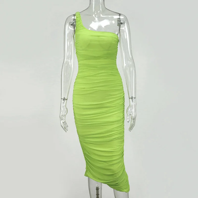 

Cryptographic Green Ruched Midi Dress for Women Mesh Party Night Club Gown Sexy Backless Sleeveless Split Long Dresses Fall 2020