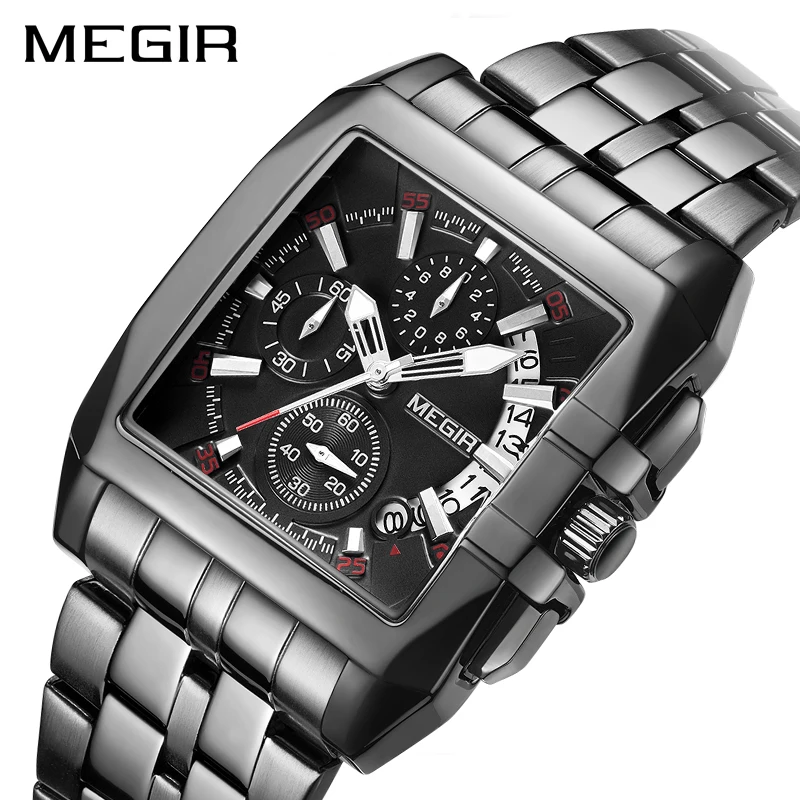 MEGIR 2020 Luxury Black Mens Watches with Stainless Steel Band Rectangle Big Dial Waterproof Male Military Watch