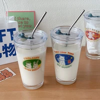 cartoon animal pattern glass cup with straw coffee mug wine glass high borosilicate glass tea juice milk drink cup drinkware