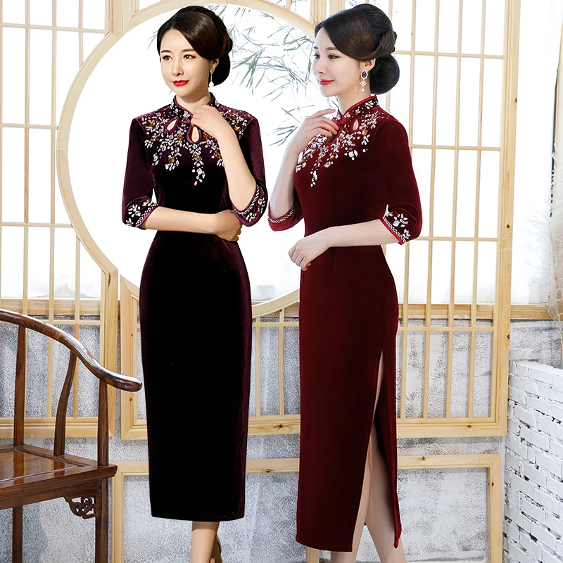 

Шанхай история новая распродажа Половина рукава бархат Qipao платье бисером длинное Cheongsam восточное платье