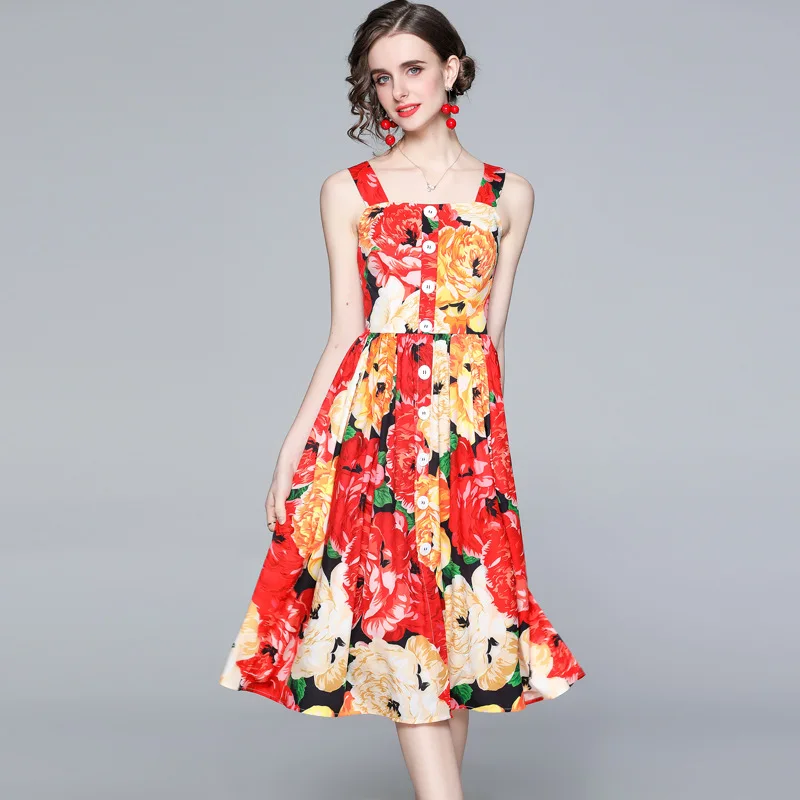 

2021 Fashion Runway Summer Holiday Dress Women Spaghetti Strap Buttons Backless Floral Print Elegant Party Midi Dress