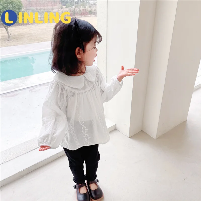 

LINLING 2021 New Kids Clothes Cotton Long Sleeve Baby Girl Casual Shirt Embroidered White Fashion Shirts for Teenage Girls V814