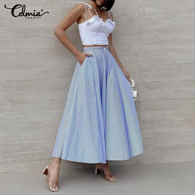 Юбка Женская длинная в полоску модная вечервечерние Макси-юбка Celmia Свободные
