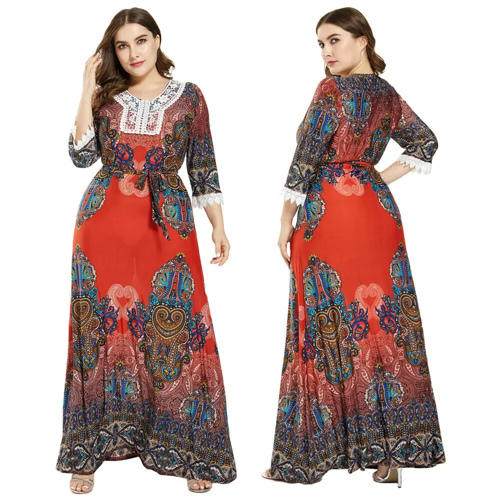 

Plus Size Ethnic Boho Flower Print Women Muslim Loose Long Sleeve Dresses Kaftan Holiday Party Robe Abaya Caftan Sundress Gown
